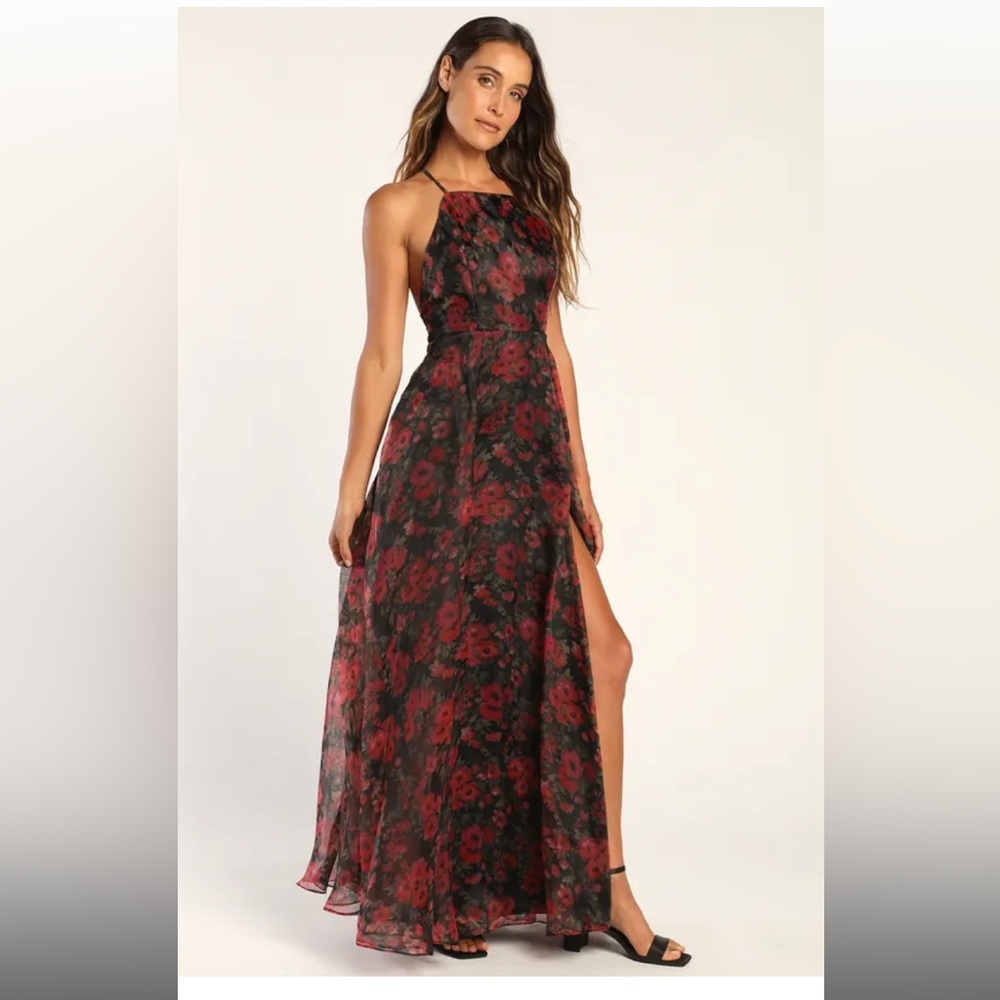 Lulus Dreamy Elegance Black Floral Print Organza Backless Maxi Dress